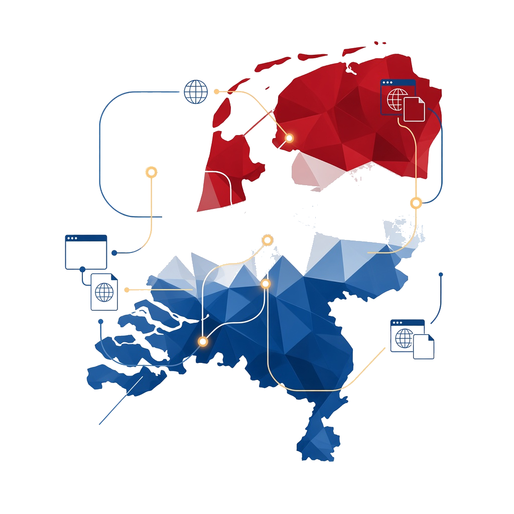 Map of the Netherlands showing a network of Dutch publisher backlinks